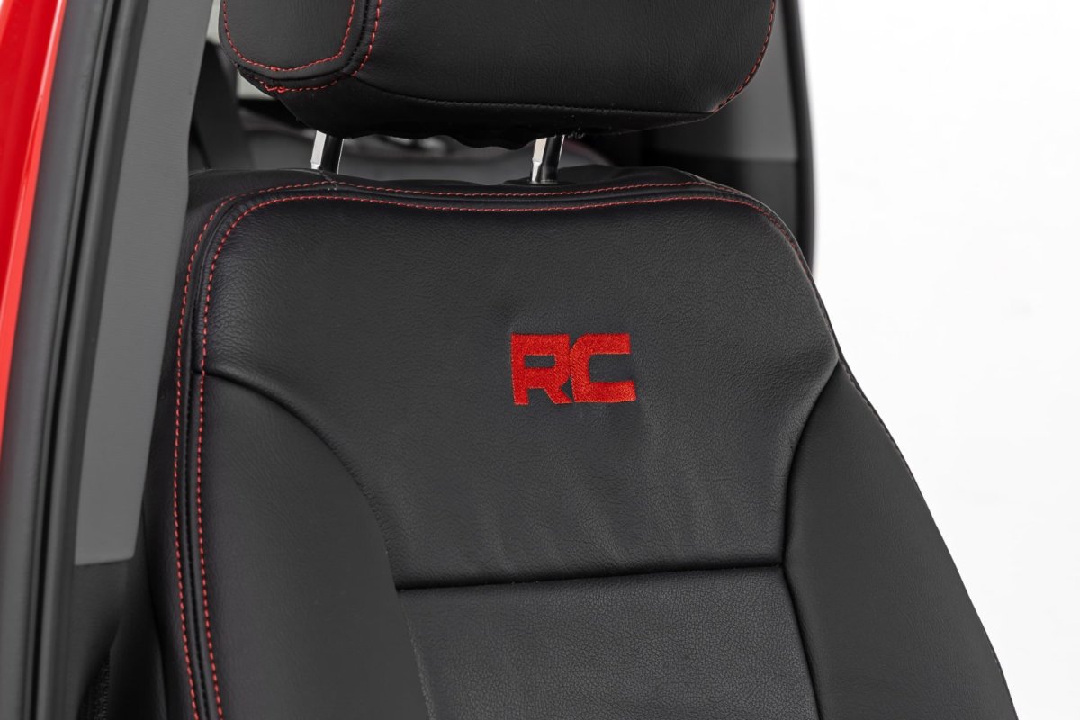 Chevy Silverado 1500 Leather Seat Covers - Front + Rear - Rough Country - Premium with Sport-Inspired Details - Leather with Red Accent Stitching - '19-'26